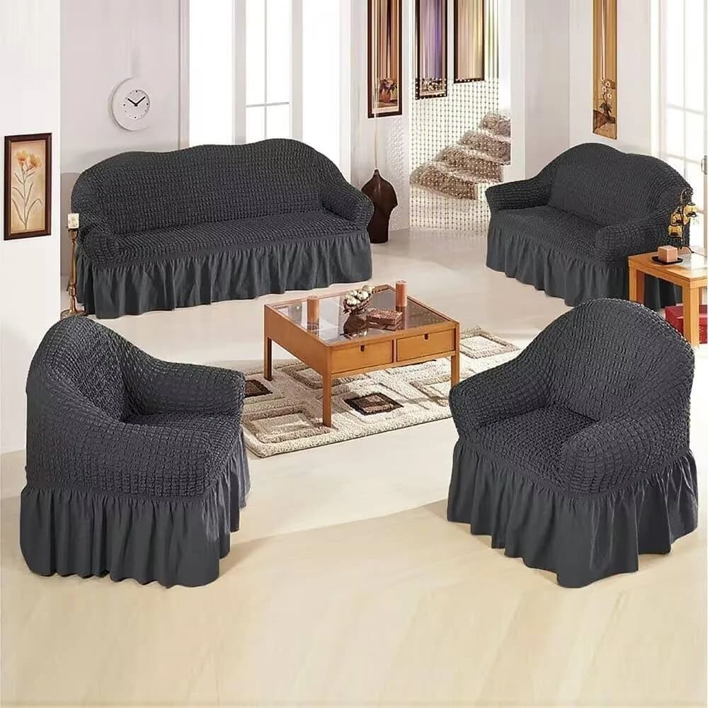 Housses de salon extensibles à volant, 4 pièces