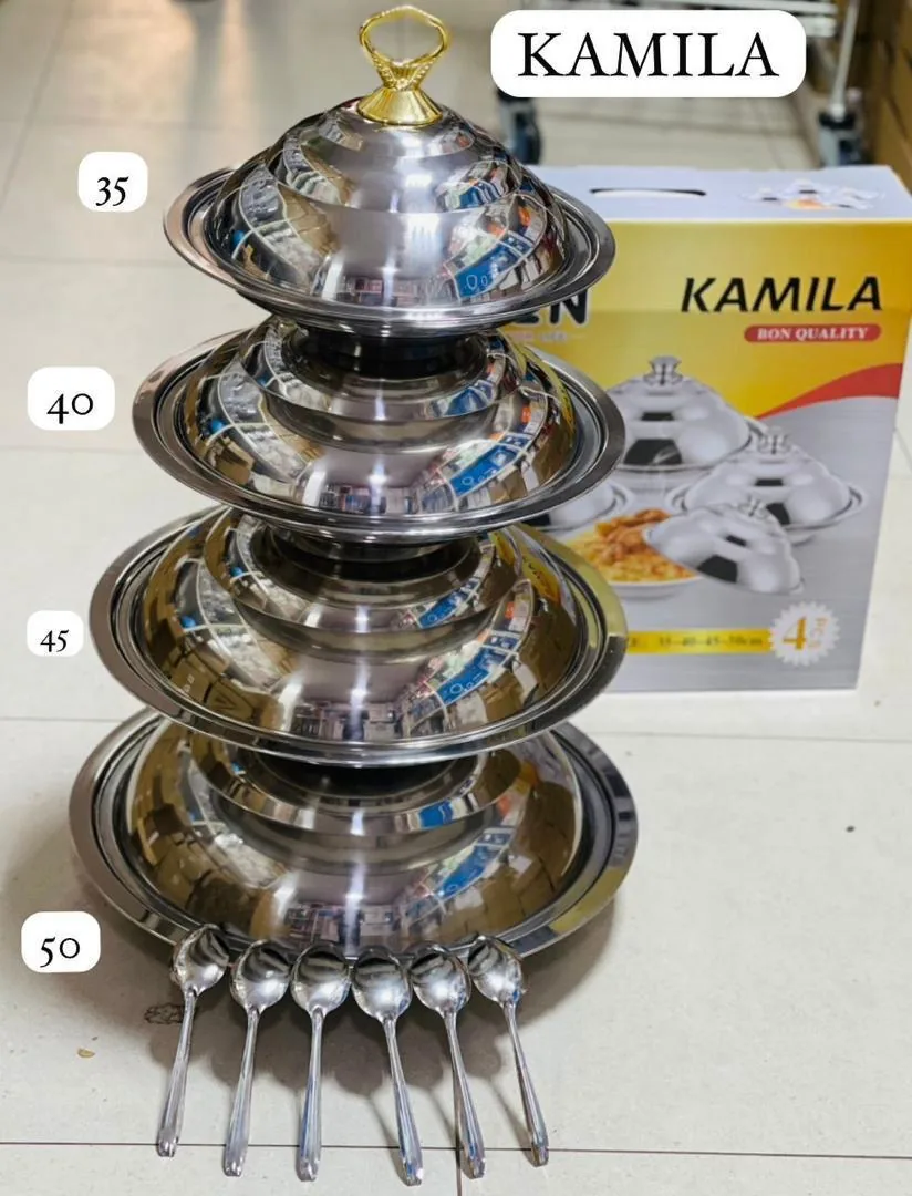 Lot de 4 plats ronds en inox, couvercles dorés