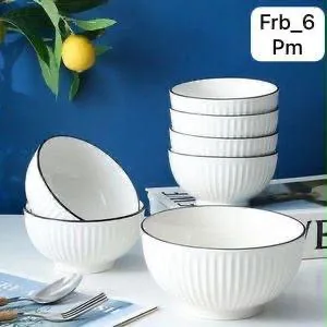 Lot de 6 bols en porcelaine côtelé, liseré noir
