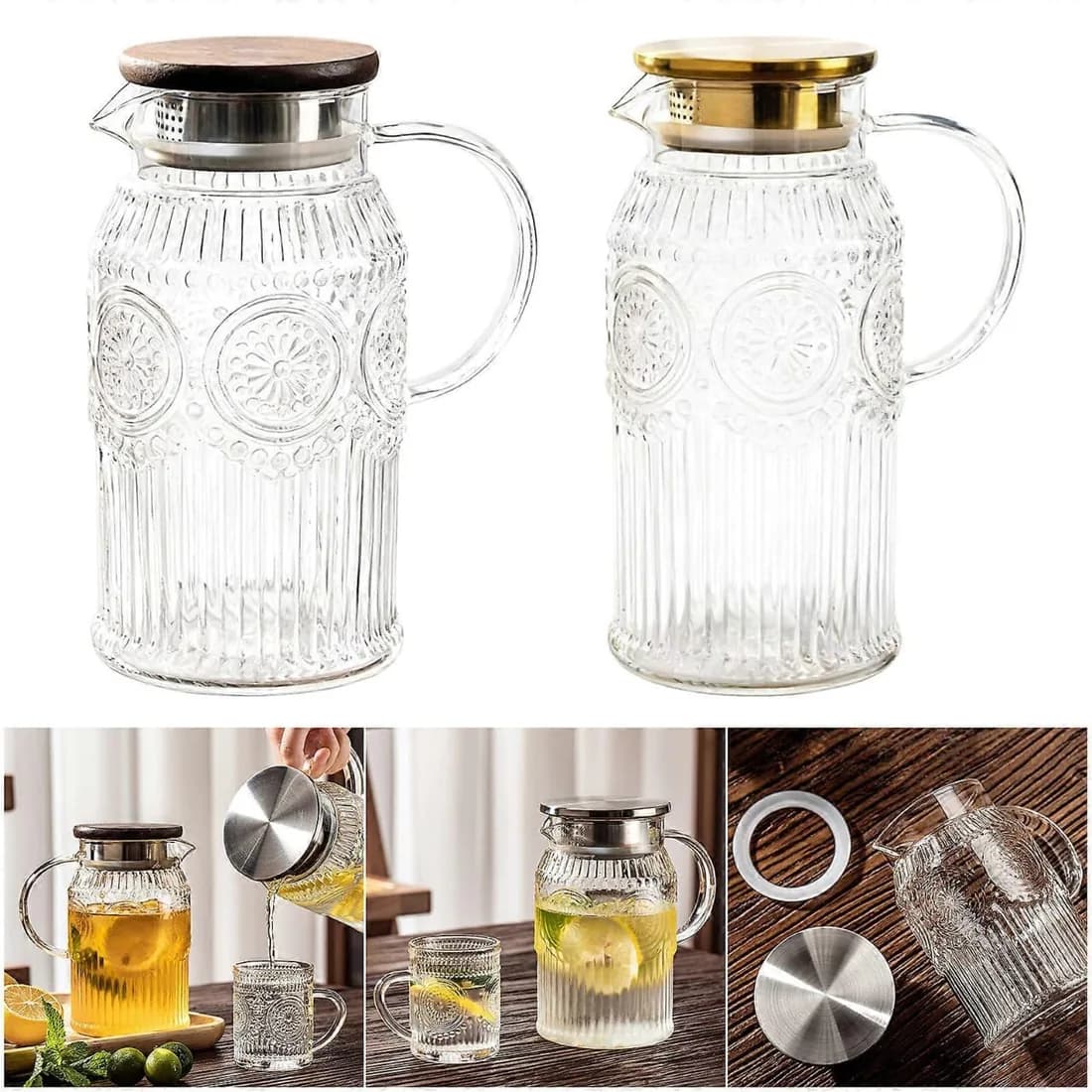 Pichet en verre vintage avec couvercle et filtre