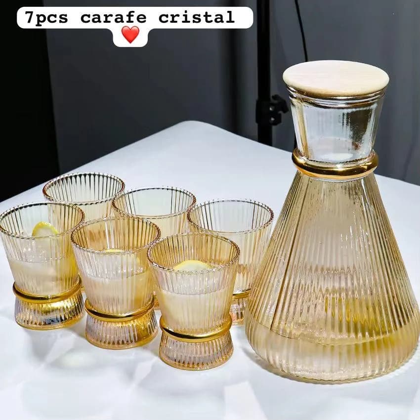 Service carafe 7 pièces, verre ambré doré