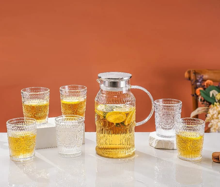 Service carafe et 6 verres en verre relief vintage